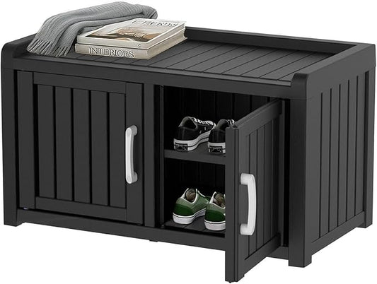 EasyUp Shoe Bench Waterproof,Resin Shoe Cabinet,Outdoor Storage,Industrial Hallway Bench with Adjustable Shelves for Entryway,Living Room,Bedroom(Black,Double Door)