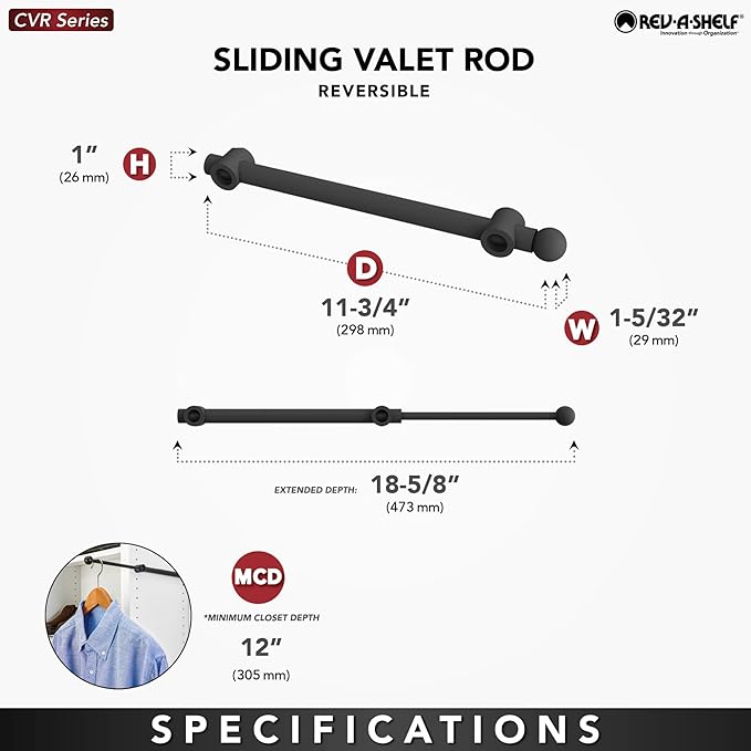 Rev-A-Shelf 12" Pull Out Valet Rod for Closet Organization, Extendable Sliding Clothes Storage Hanging Rack w/ Hardware, Chrome, CVR-12-CR (2 Pack)