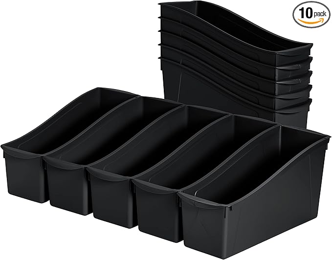 ECR4Kids Linking Plastic Storage Book Bin, Multipurpose Organization, Black, 10-Piece