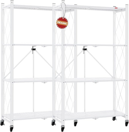 DEANIC 4 Tier Foldable Storage Shelves with Wheels, Large Capacity Shelving Unit, Freestanding Metal Wire Shelf Rack, No Assembly Organizer Rack for Garage Kitchen, Basement, Pantry(White Pack of 2)