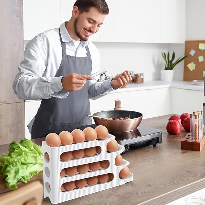 Egg Holder for Fridge, 4 Tiers Auto Rolling Egg Storage Organizer for Refrigerator, Slim Space Saving Container, Dispenser, Egg Roller for Eggs 48 Count