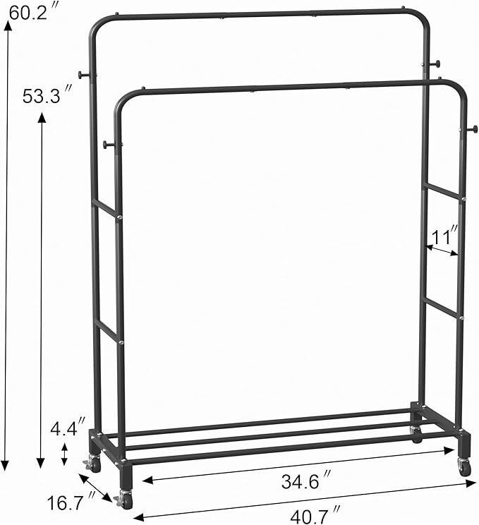 Sooyee Double Rod Clothing Rack with Wheels, 3 Tier Garment Racks for Hanging Clothes, Portable Clothes Rack with 4 Hooks for Bedroom, Laundry Room, Black