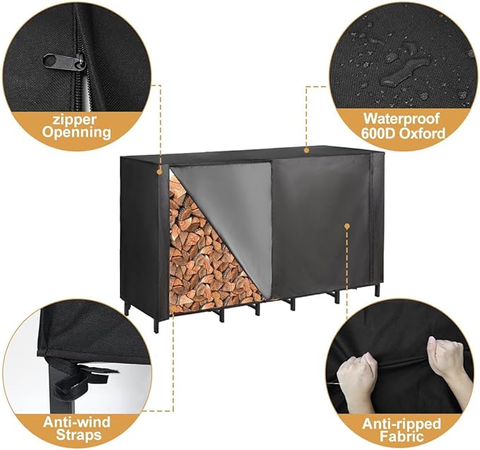 Vailge Firewood Rack Cover 6FT, Waterproof Firewood Rack Outdoor Cover with Full Front Zipper & Windproof Straps, Heavy Duty 600D Oxford Log Protector for All Seasons