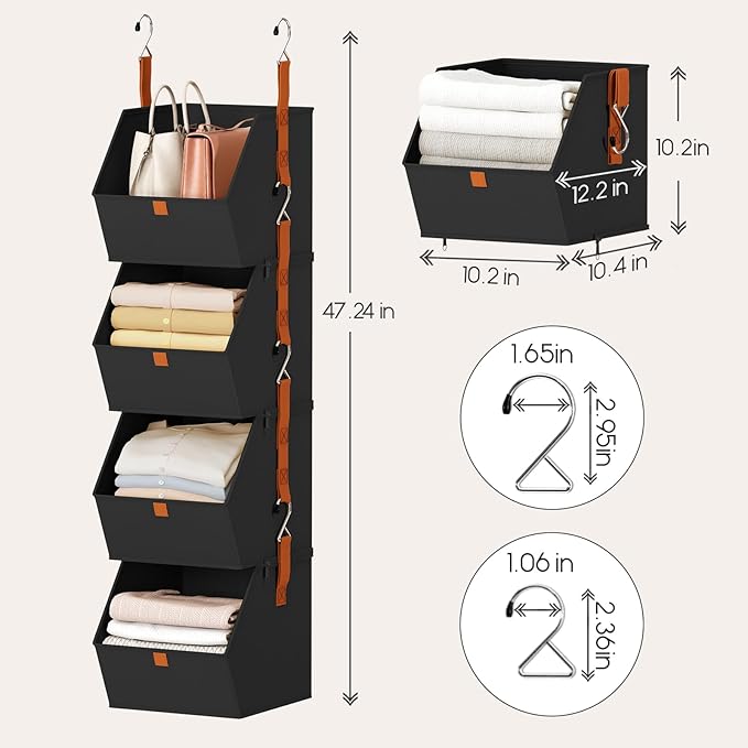 Homsorout Hanging Closet Organizer 4 Tier - Clothes Hanging Shelves, Space-Saving Closet System, Fabric Storage Bins Bedroom Organization, Collapsible Baskets for Home, Dorm, Rv, Black, 8 Pack