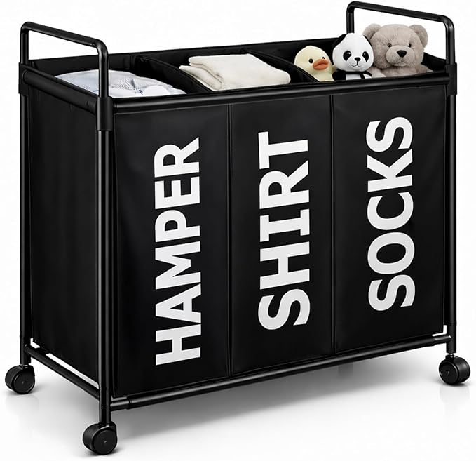 Rolling Laundry Hamper 3 Section with Wheels, Heavy Duty Metal Frame, Waterproof Polyester Fabric, Large Capacity Laundry Sorter for Easy Pre-Sorting and Effortless Transport