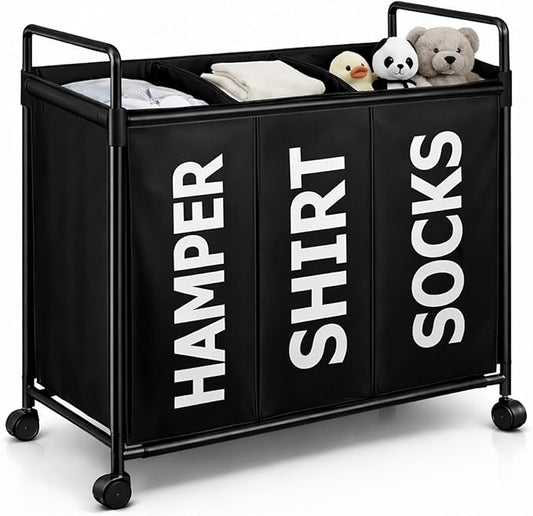 Rolling Laundry Hamper 3 Section with Wheels, Heavy Duty Metal Frame, Waterproof Polyester Fabric, Large Capacity Laundry Sorter for Easy Pre-Sorting and Effortless Transport