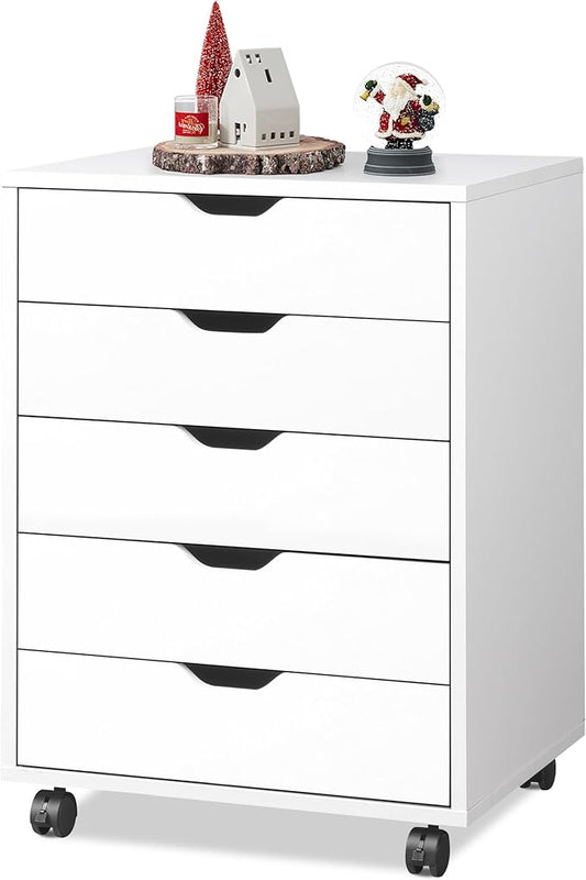 DEVAISE 5-Drawer Filing Cabinet Under Desk, Wood Storage file Cabinet with Wheels, White