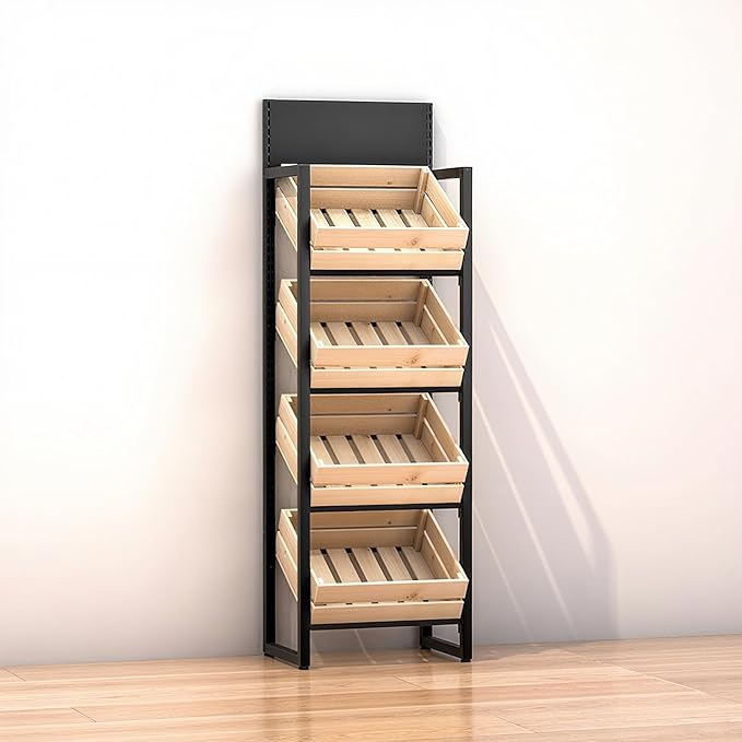 3/4 Tier Fruits & Vegetables Kitchen Shelf Rack Display,Retail Snack Stand, Large Solid Wood Floor Multi-layer Storage Frame for Commercial Supermarket(A-4 Tier)