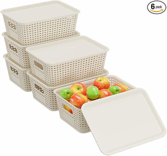Resze 6 Pack Plastic Storage Baskets with Lids, Breathable Stackable Organizer Bins& Containers for Pantry, Desktops, Cabinet, Closet, Offices Organization Toys, Space Saving, Easy-Carry Handles,White