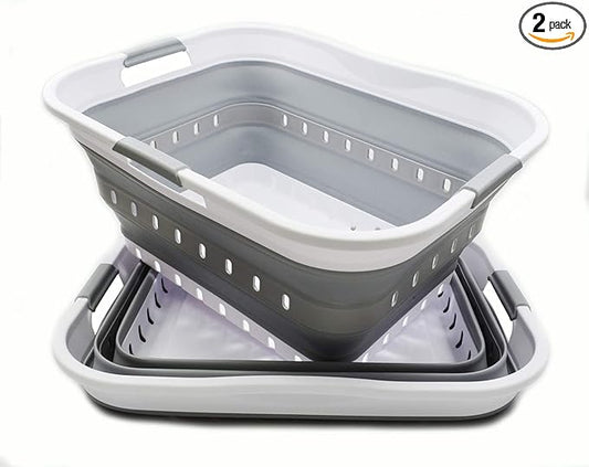SAMMART 42L (11 gallon) Collapsible Plastic Laundry Basket - Foldable Pop Up Storage Container/Organizer - Portable Basket - Space Saving Hamper/Basket (2, White/Grey)