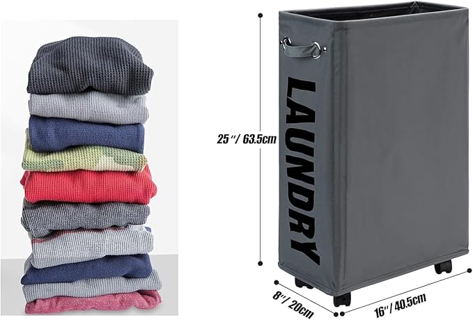 per with HandleSlim Laundry Basket on Wheels, Foldable Narrow Corner Clothes Storage Bins，Tall Laundry Bin for Laundry Room, Dorm and Bedroom，(Dark Grey)