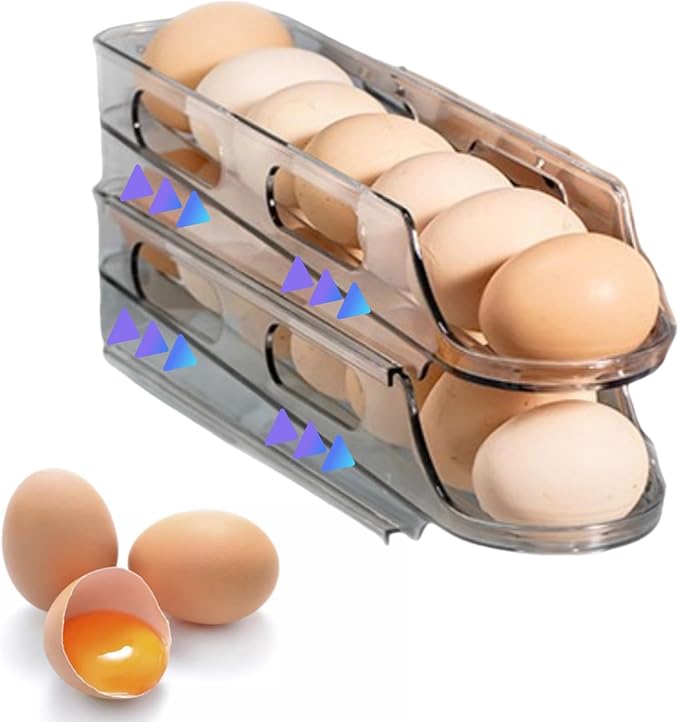 Egg Holder for Fridge,Stackable 1-4 Tiers Container,Auto Rolling Fridge Organizer for Refrigerator,Space-Saving Dispenser Holder,Refrigerator Egg Rack Transparent (2 Packs)
