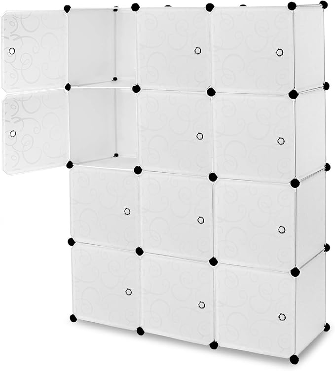 Work-It! Cube Storage Organizer - 12 Cubes | Stackable Portable Closet Organizer Shelves, Modular Cabinet with Doors and Hammer, Translucent White, 56" W x 42" H x 14" D