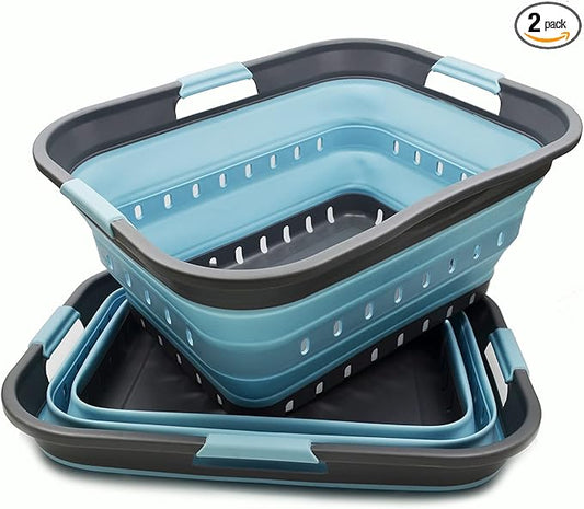 SAMMART 42L (11 gallon) Collapsible Plastic Laundry Basket - Foldable Pop Up Storage Container/Organizer - Portable Basket - Space Saving Hamper/Basket (2, Grey/Sea Angel)