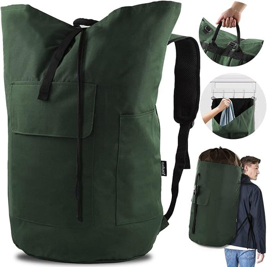 Laundry Backpack Bag 125L Extra Large, Heavy Duty for College Dorm & Apartment, Durable Thick Material Laundry Hamper with Padded Straps for Easy Carry, 3 Pockets for Travel & Laundromat (Army Green)