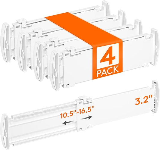 Lifewit Drawer Dividers for Clothes, 3.2" Tall 10.5"-16.5" Expandable Dresser Drawer Organizers, Adjustable White Plastic Separators for Kitchen, Cabinet, Nursery, Socks & Underwear Storage, 4 Pack