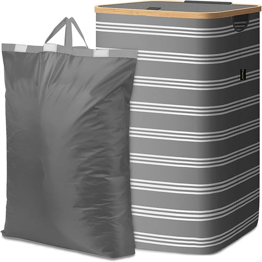 BALEINE Laundry Hamper with Lid, Tall Laundry Baskets with Bamboo Pull Handles, Large Laundry Bin with Internal Support (18 Gal/70L, Grey Pinstripe)