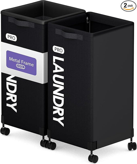 Caroeas Next-Gen 105L Matel Frame Laundry Basket with wheels, Heavy Duty Tall Rolling Laundry Hamper with Removable Wash Bag, Collapsible Freestanding Clothes Hamper (105L,Black,2Pack)
