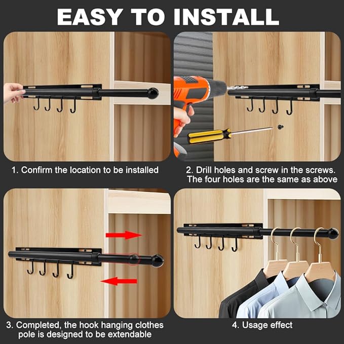 12 Inch Valet Rod for Closet Pull Out, Retractable Slide Out Clothes Hanger with 4 Hooks, Closet Rods for Hanging Clothes Laundry Room, Bedroom, Bathroom(COLOR:Black)