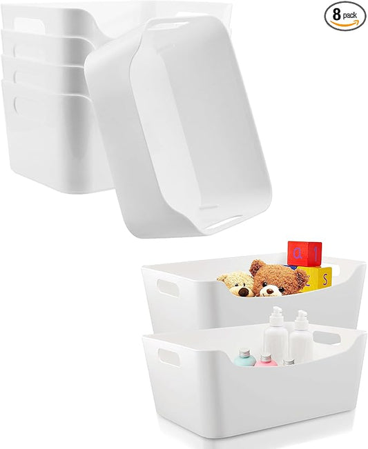 8 Pack Medium White Plastic Storage Bins with Handles, 9.5" x 6.7" x 4.1" Stackable Organizer Containers, Heavy Duty Pantry Bins for Kitchen Cabinet, Closet, Bathroom, Office, Laundry, Dorm Room
