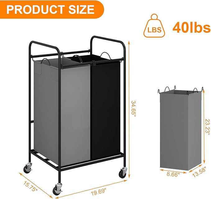 2 Section Laundry Hamper, 80L Large Rolling Laundry Sorter Cart, Laundry Basket with Lockable Wheels & Removable Bags, Laundry Room Organization for Dirty Clothes Storage