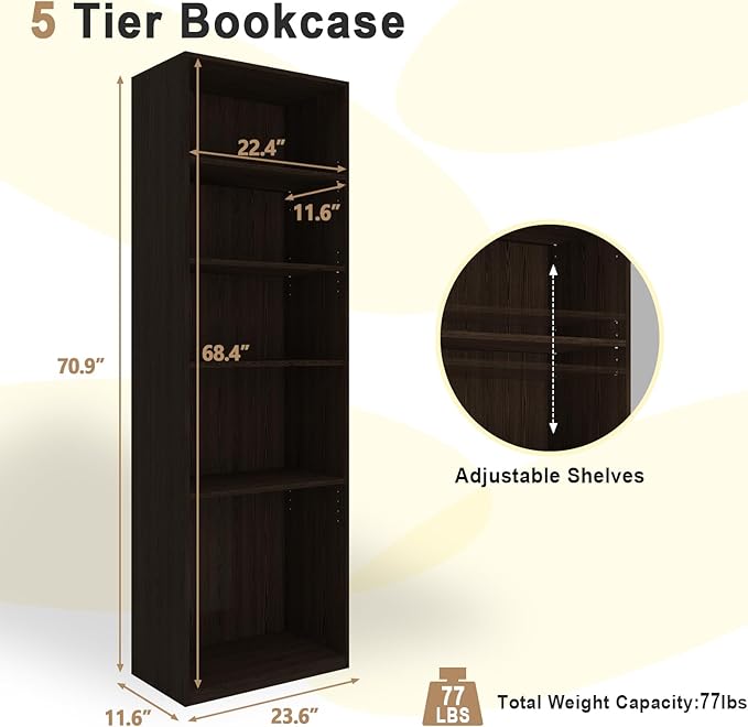 CTESNE【2026 Adjustable Shelves 5-Tier Bookcase, 71 inches, Wooden Open Display Floor Bookshelf (Chocolate Color)