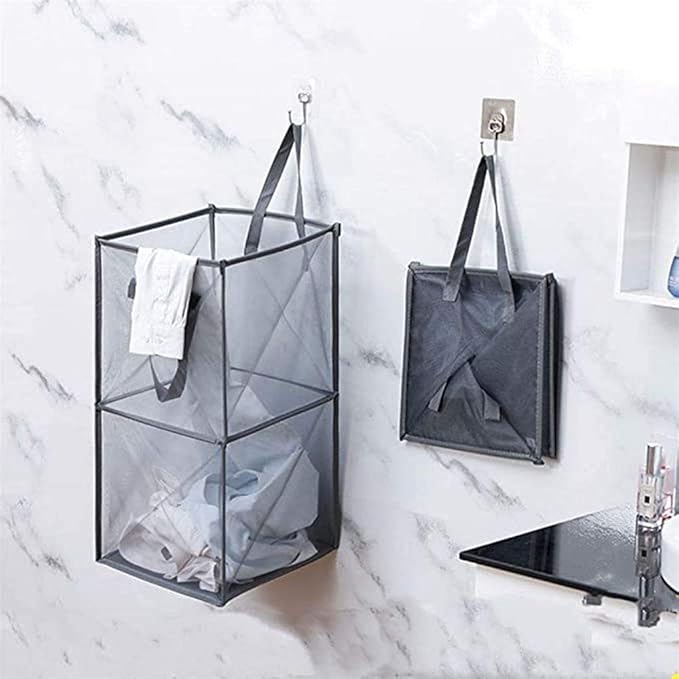 Pop Up Laundry Baskets - Mesh Collapsible Laundry Hampers Storage with Handle - Foldable for Washing Storage, Great for The Kids Room, College Dorm, Travel Organizer (Black/Double Layer)