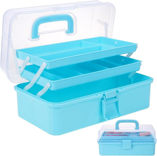 Craft Organizers Plastic Tool Box with Handle 3-Layer for Sewing Supplies, Medicine, Art Supplies, Nails and Hair Accessories 12.5inch (Blue)