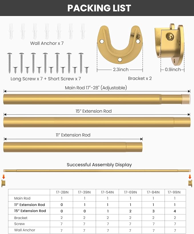 Supforce Closet Rods for Hanging Clothes, 17 to 54 Inches Stepless Adjustable Metal Closet Rod, 1.3 Inches Heavy Duty Clothes Hanging Rod for Closet Wardrobes Laundry RV, Golden