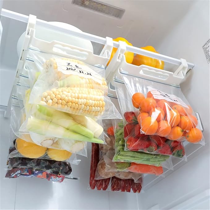 Smart Design Hanging Zip Bag Pull Out Refrigerator Drawer - BPA Free Plastic - 10 resealable bags for freezer refrigerator telescopic rack hanger sliding tray, meal planner for food/fruits/veggies