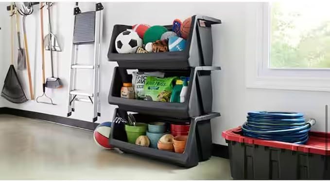 55 Gallon Stackable Storage Bin, Black, Heavy Duty, Space Saving, Multipurpose
