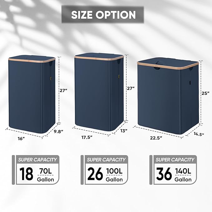 BALEINE Laundry Hamper with Lid, Tall Laundry Baskets with Bamboo Pull Handles, Large Laundry Bin with Internal Support (18 Gal/70L, Blue)