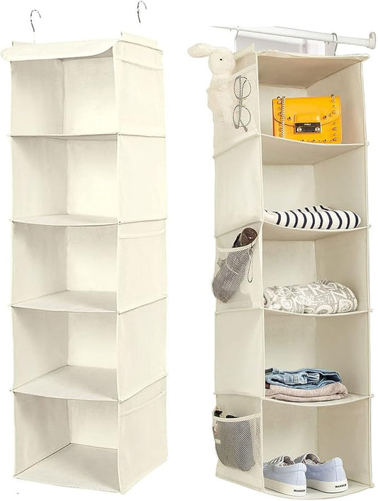 BrilliantJo 5 Shelves Hanging Closet Organizer, 2 Pack Hanging Storage with 6 Side Pockets for Clothes Shoes, 43"x12"x12"(Beige)