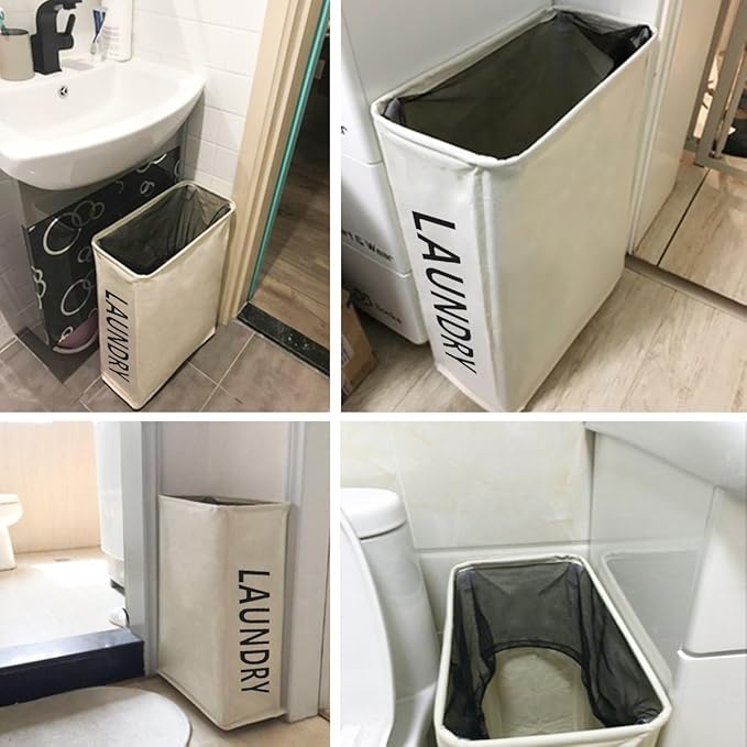 ZERO JET LAG Slim Laundry Hamper with Wheels, Small Laundry Basket for clothes, Rolling Skinny Hampers for Bedroom, Dorm and Laundry Room - 52L Standable Corner Design, (22" Printed Beige)
