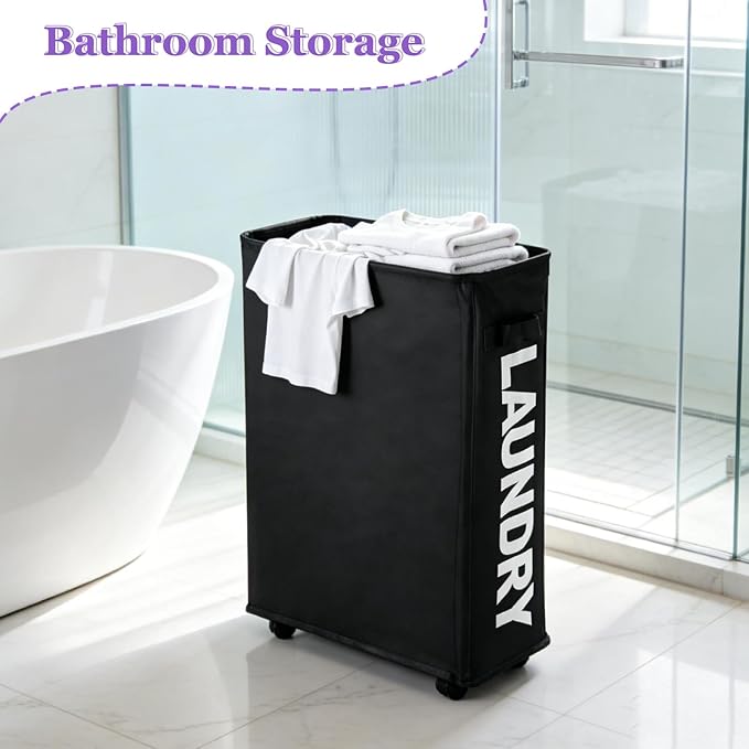 Black Rolling Laundry Hamper, Slim Laundry Basket with Wheels for Small Spaces, 42L Tall Narrow Dirty Clothes Hamper, Collapsible Laundry Bin for Bedroom Dorm Laundry Room