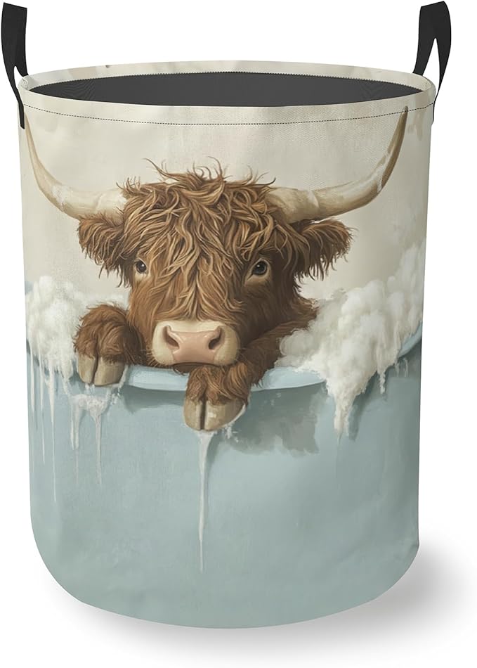 Highland Cow Bathing Round Laundry Hamper Storage Basket Toys Clothes Organizer Bin For Home Bathroom Bedroom Dorm Nursery