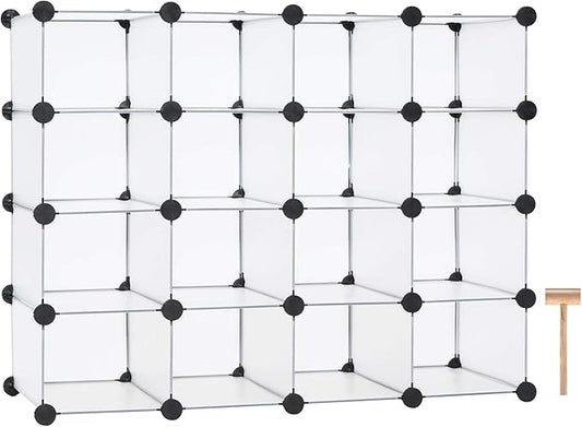 C&AHOME Plastic Shoe Rack,16-Cube Modular Shoes Storage Stand, Multifunction Closet Cabinet, Stackable Shoe Organizer for Bedroom Doorway Entryway Hallway, 36" L × 14.2" W × 28" H White SRP15A