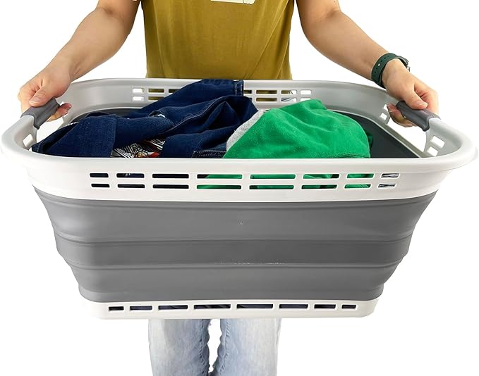SAMMART 42L (11 gallons) Collapsible Plastic Laundry Basket - Portable Pop Up Storage Container/Organizer - Portable Hamper - Space Saving Easy Storage (Grey/Steel Grey (Set of 2))