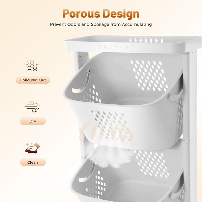 Rolling Laundry Hamper Cart with Wheels, 3 Tier White Laundry Baskets, Clothes Hamper with Portable Storage Baskets for Kitchens, Bathrooms, Bedrooms, Classrooms, Laundry Rooms