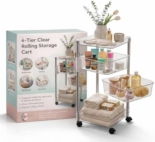 OnDisplay 360° Rotating Clear Storage Trolley – Multi-Tier Rolling Acrylic Utility Cart for Vanity, Craft Room, Pantry, Office & Bathroom – Mobile Multipurpose Organizer Rack for Makeup, Kitchen,