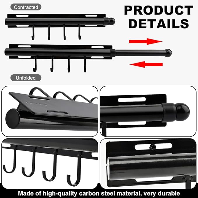 12 Inch Valet Rod for Closet Pull Out, Retractable Slide Out Clothes Hanger with 4 Hooks, Closet Rods for Hanging Clothes Laundry Room, Bedroom, Bathroom(COLOR:Black)
