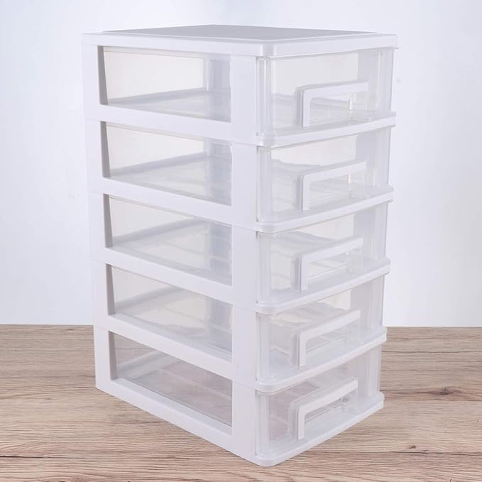 SAFIGLE Storage Drawer Organizer, 5 Drawer Plastic Storage Bins with Transparent Drawers, Vertical Design for Crafts, Stationary, Hardware, White, Polypropylene