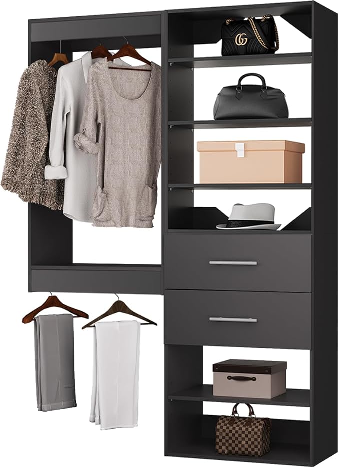 ROOMTEC Modular Closet System, 67" Wall Mounted Closet Organizer with Hanging Rods and Drawers, Wooden Tower for Walk-In Closets, Wardrobe Storage Kit, Black
