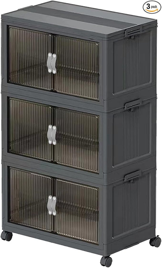 131QT Stackable Storage Bins with Lid & Door, 32 Gal Collapsible Plastic Storage Containers with Locking Wheel, Space Saving Foldable Organizer for Home Bedroom Office Gray 3T