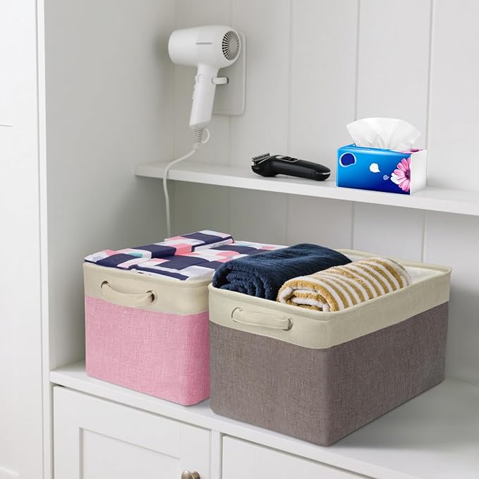 BALEINE 2 Pack Fabric Closet Storage Bins for Shelves, Linen Closet Organizers and Storage, Decorative Baskets for Organizing, Shelf, Clothes, Home, Office (Pink, 15''x11''x9.5'')