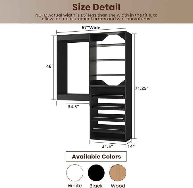 ROOMTEC Modular Closet System, 67" Wall Mounted Closet Organizer with Hanging Rods and Shoe Shelf, Wooden Tower for Walk-In Closets, Wardrobe Storage Kit, Black