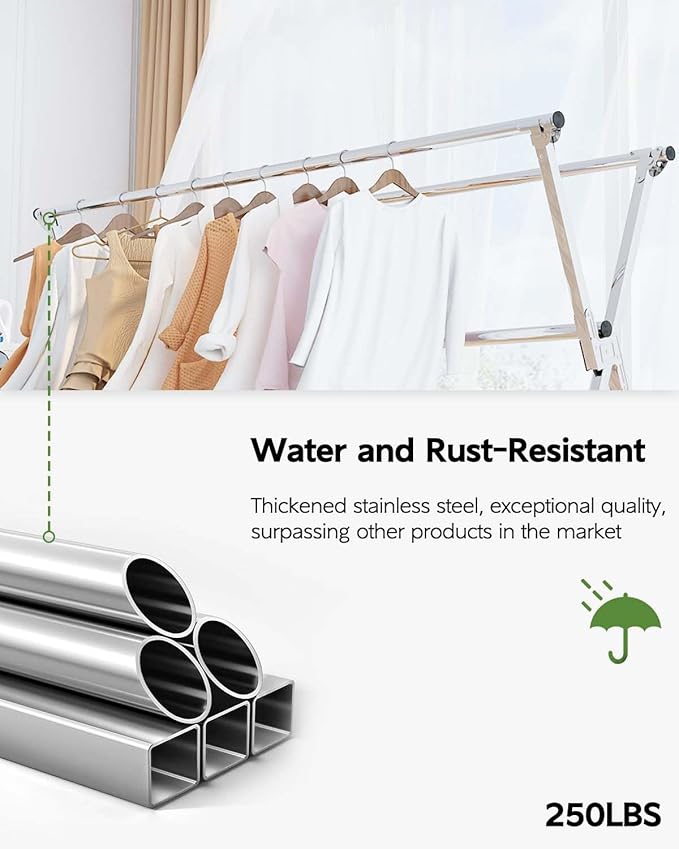 Vikaqi Clothes Drying Rack 95 Inches Folding Outdoor Indoor, Drying Rack Clothing Collapsible, Foldable Laundry Drying Rack, Heavy Duty Stainless Steel Clothesline, 20 Hooks 12 Clips