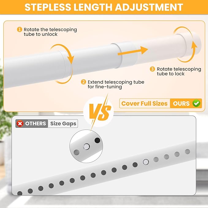 Closet Rods for Hanging Clothes, 17-54 Inch No-Cut Stepless Adjustable Closet Rod, 1.3 Inch Heavy Duty Metal Closet Hanging Rod with Brackets, White Closet Bar for Closet, Laundry Room, RV, Wardrobes