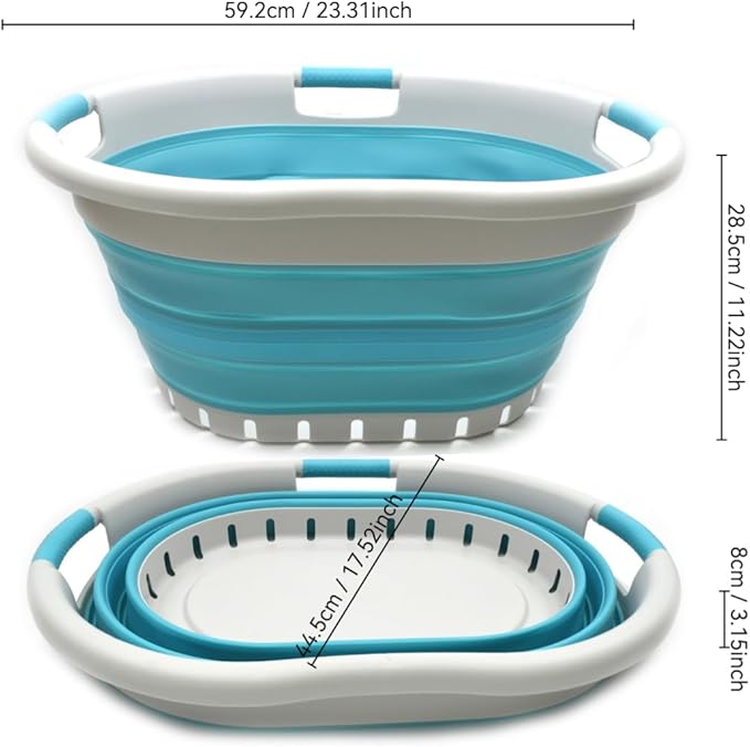 SAMMART 36L (9.5 gallon) Collapsible 3 Handled Plastic Laundry Basket-Foldable Pop Up Storage Container/Organizer-Space Saving Basket (3 handled Oval, Grey/Bright Blue)