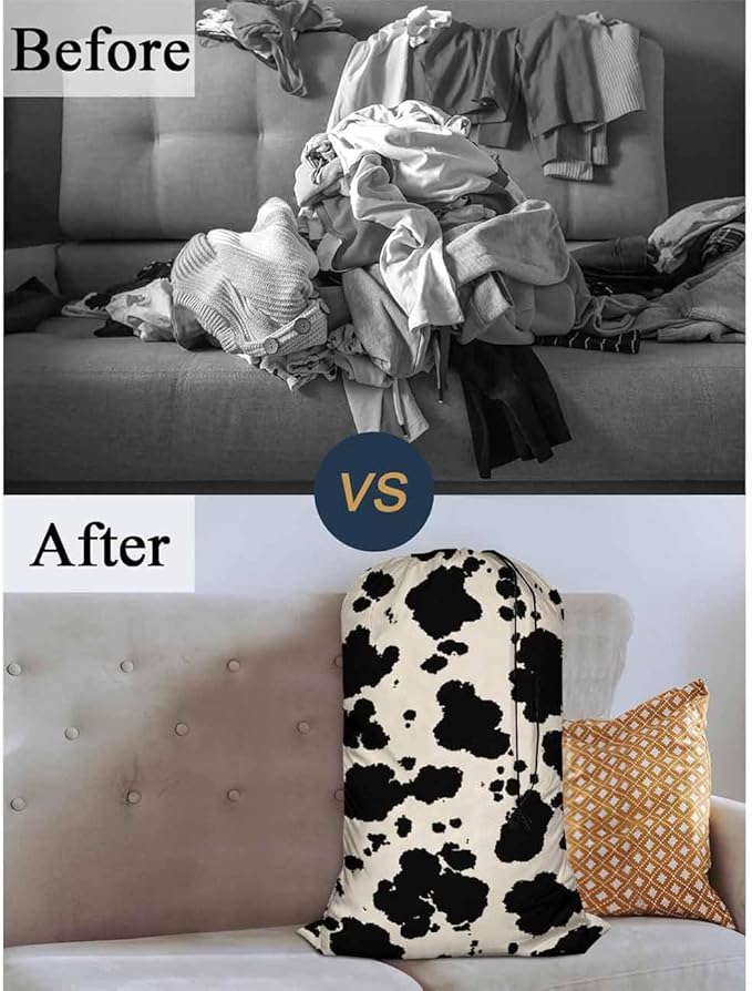 Swono Cowhide Drawstring Closure Dirty Clothes Bag Organizer, Heavy Duty Large Laundry Bag, Animal Skin Camouflage Mammals Fur Rip-Stop Bags for Camp Travel, Machine Washable, Wildlife